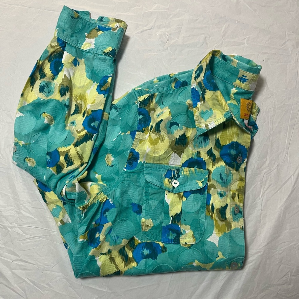 Ruby Rd. Teal and Yellow Floral Shirt women’s size 14 100% cotton